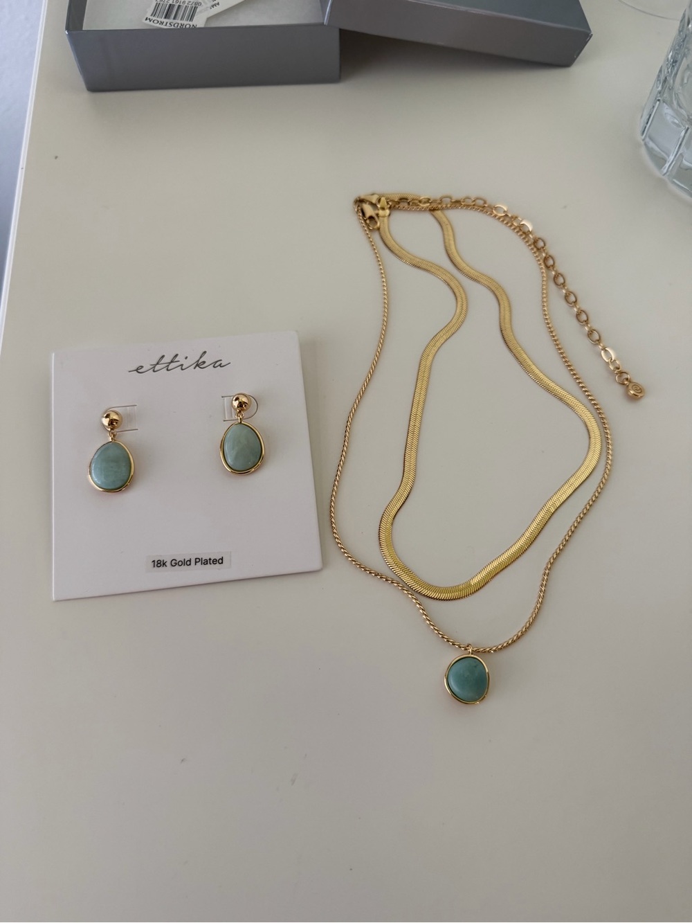 ettika Gold-Plated Necklace and Aqua Green Amazonite Drop Earrings Set.